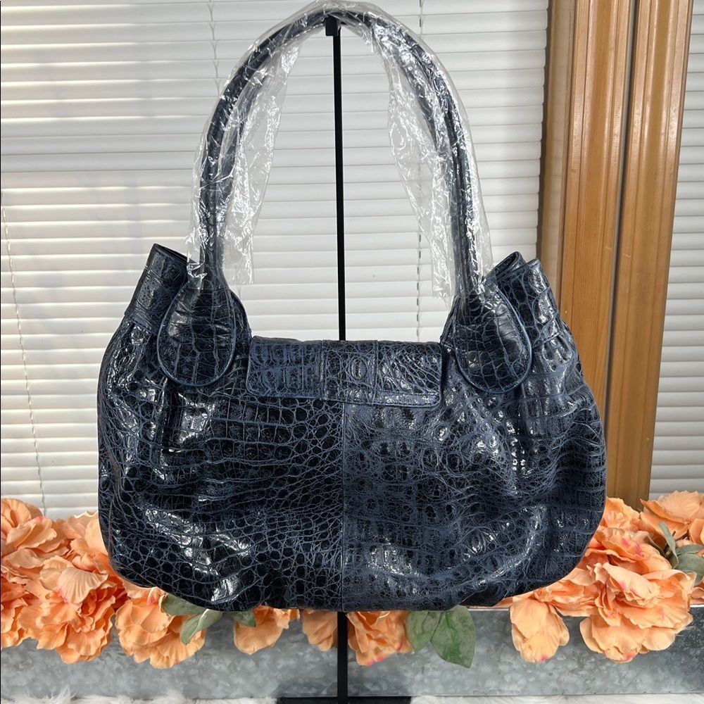 Charm & Luck Blue Croc Embossed Studded Hobo Bag NWT - Picture 3 of 10